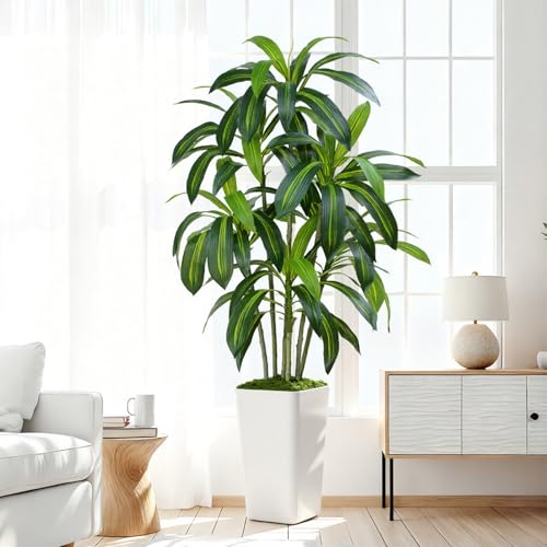 ZEEOZE 150cm Dracaena Plant Artificial Tree Tall Fake Tropical Floor Plants Potted Artificial Silk Tree Leaf Faux Trees White Tall Planter for Home Office Living Room Indoor Outdoor Decor