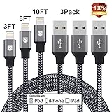 iPhone Charger, Sundix Lightning Cable 3Pack 3FT 6FT 10FT Nylon Braided 8Pin Lightning Charging & Sync Charger Cord for iPhone7,7Plus, 6s, 6sPlus,6, 6Plus, iPhone5,5s,5c,SE, iPad, iPod & More (Black)