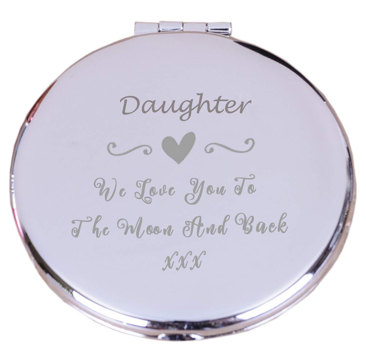 Chris Bag Of Goodies Engraved Compact Mirror for Daughter We Love You to The Moon and Back Silver Nickel Plated Pocket Mirror Birthday Gift in Pouch