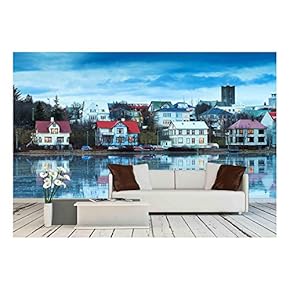 Beautiful Reflection of The Cityscape of Reykjavik in Lake Tjornin at The Blue Hour in Winter - Removable Wall Mural | Self-Adhesive Large Wallpaper - 66x96 inches
