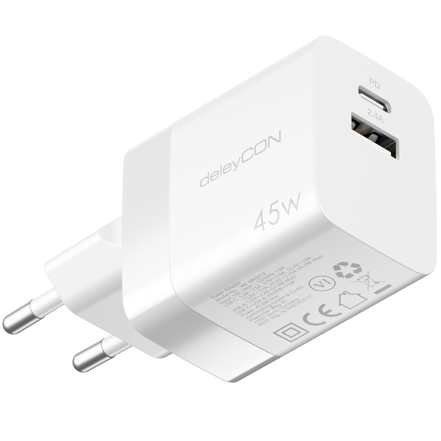deleyCON Ladegerät USB A und C (2 Port - Kompaktes 45W Schnellladegerät) Netzteil für iPhone 17/16/15/14/13 Galaxy S25/S24/S23 Pixel Handy iPad Tablet MacBook Laptop Notebook USB Charger - Weiß