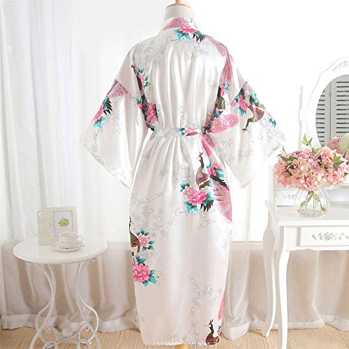CofeeMO Kimono Satin Floral Print Wrap Pajamas for Women,Soft Flare Sleeve Bathrobe Nightdress(White,Free Size) - Thumbnail 2