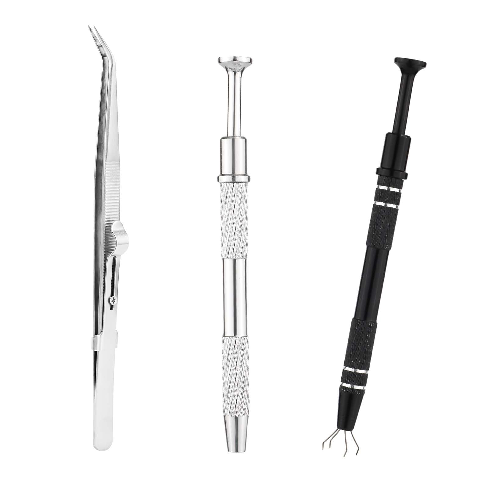 3pcs Jewelry Pickup Tools, Premium Aluminum Alloy Piercing Ball Screw Claw Removal Tool with Stainless Steel Elbow Tweezers for Jewelry Small Parts(Silver, Black)