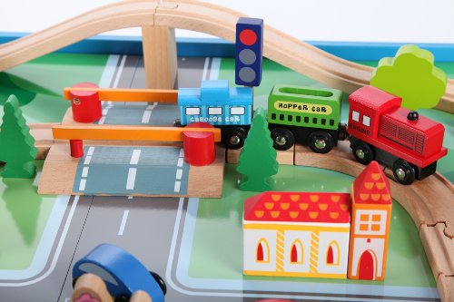 point-kids Holzeisenbahn Spielzeugeisenbahn Lok Waggon Brücke Figuren Schienen Set 70 Teile – Bild 6