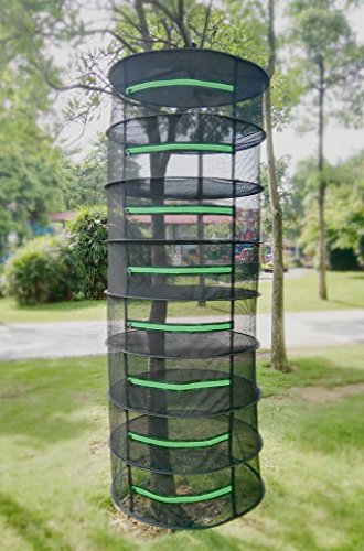 BoHoFarm Herb Drying Rack Herb Dryer Net w/Zippers Black Mesh Tray Dry (D24 xH67 8-Tier, Black w/Green Zippers)