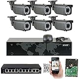 GW 8 Channel 1920P NVR Video Security Camera System - Six 5MP 1920P Weatherproof 2.8-12mm Varifocal Bullet Cameras, 180ft IR Night Vision, Realtime Recording 1080p @ 30fps, Pre-Installed 2TB HDD