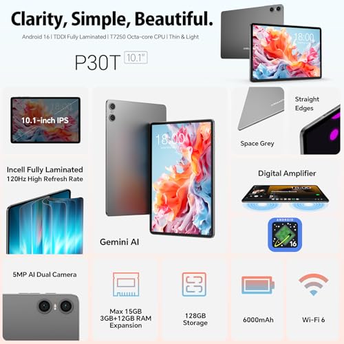 TECLAST P30T Android 16 Tablet 10.1 Inch 120Hz Tablets Gemini AI, 15GB RAM+128GB ROM(TF 5TB), 2GHz Octa-Core, 5G WiFi/Widevine L1/GPS/6000mAh, Tablet with Keyboard+Case+Pen+Mouse, 10 Accessories