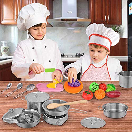 Exqline Kids Kitchen Pretend Play Toys - 25 Pcs Included Stainless Steel Stove and Cookware Pots and Pans Set, Cooking Utensils Accessories, Cutting Vegetables & Fruit, Apron & Chef Hat for Girls Boys - Thumbnail 6