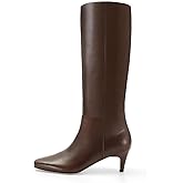 WJZDSJCO Black Leather Knee High Boots for Women Low Kitten Heeled Tall Boot Square Toe Sexy Pull on Winter Fashion Long Boots