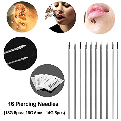 WZPB 46Pcs Professional Piercing Kit Surgical Steel Piercing Jewelry 14G 16G 18G Piercing Needles Disposable Piercing Clamps for Nose Lip Eyebrow Belly Tongue Piercing - Thumbnail 3