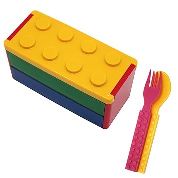 【クリックで詳細表示】プライムナカムラ ロック式ブロック2段弁当箱 【YE】とツートンブロックカトラリー【YE/PK】-170T-のセット ピクニック デザイン