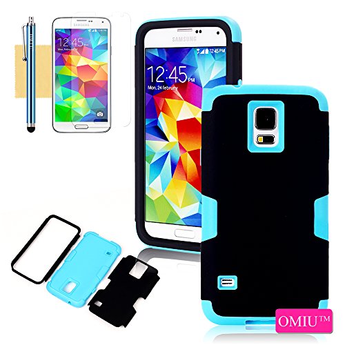 OMIU Hybrid 3-Piece Silicone/PC Armor Hard Case with Screen Protector and Stylus for Samsung Galaxy S5 - Black/Blue