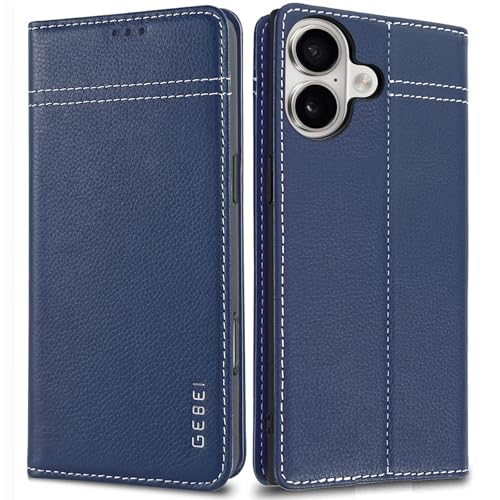 Gebei Hülle Echt Leder für iPhone 16 Plus (6,7") - Premium Echte Lederhülle mit Standfunktion Kartenfach Magnetverschluss Flip Case Ledertasche Handyh
