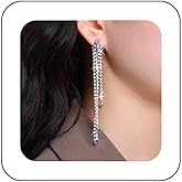 Vacaonio Long Rhinestone Tassel Earrings Silver Crystal Chain Earrings Rhinestone Dangle Drop Earrings Sparkly Crystal Chandelier Earrings Wedding Crystal Jewelry for Women