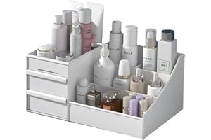 XIOU Makeup Desk Organizer with Drawers - Countertop Organizer for Cosmetics, Vanity Holder for Lipstick, Brushes, Lotions, Eyeshadow, Nail Polish and Jewelry (White)