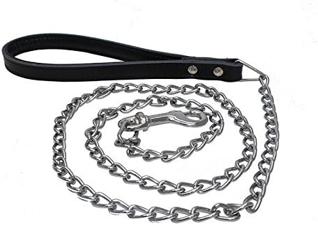 Neonr Leather Heavy Duty Handle Chain Traction Rope for Large Medium Small Size Dogs and Pets Leash Stainless Steel Chain.(Black)