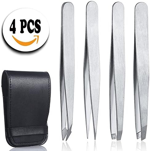 4-Piece Professional Stainless Steel Slant Tip and Pointed Eyebrow Tweezers Set Gift with Travel Case - Great Precision for Facial Hair, Ingrown Hair, Splinter, Blackhead and Tick Remove