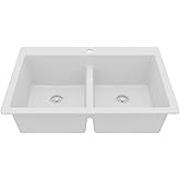 Karran 33 Inch White Quartz Composite Double Bowl Kitchen Sink, Top Mount Drop-In 50/50 Low Divider, Heat & Impact Resistant 