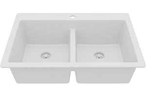 Karran 33 Inch White Quartz Composite Double Bowl Kitchen Sink, Top Mount Drop-In 50/50 Low Divider, Heat & Impact Resistant Granite Quartz Sink with Sound Dampening, QT-810