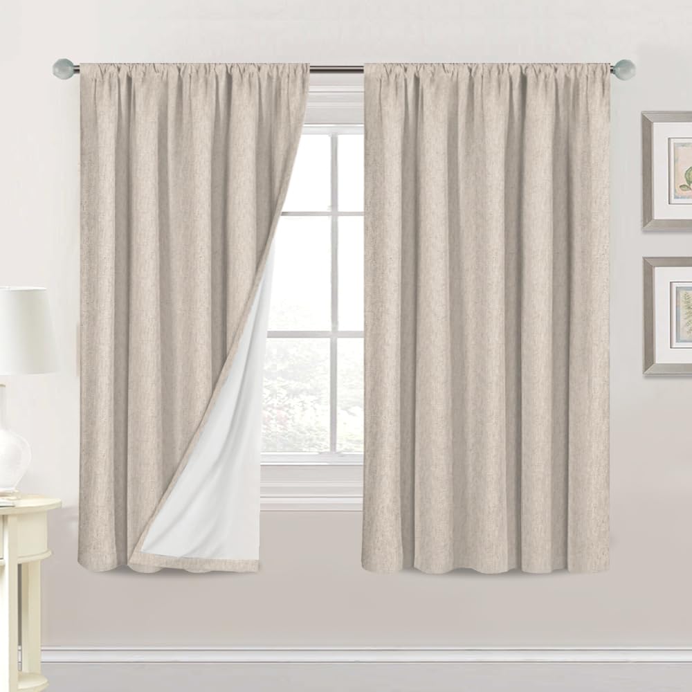 Photo 1 of H.VERSAILTEX Linen Look 100% Blackout Curtains 63 Inches Long for Bedroom Full Light Blocking Rod Pocket Linen Textured Thick Window Curtain Drapes with White Backing, Natural, 2 Panels