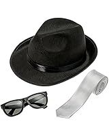 NJ Novelty - Fedora Gangster Hat, Black Pinched Hat Costume Accessory + White Band (Black Hat, White Tie &amp; Glasses)
