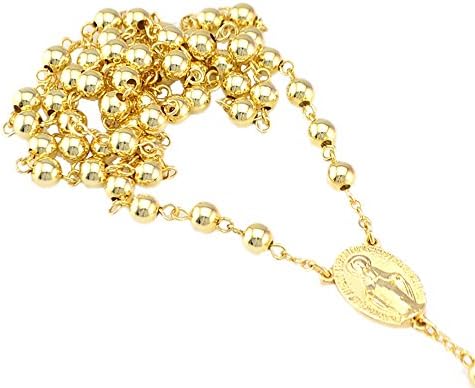 NEW 14K Gold Plated Catholic Virgen de Guadalupe 6mm Beads Long Rosary Necklace