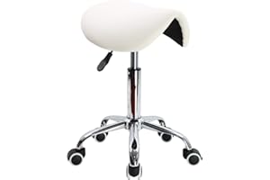 KKTONER Rolling Saddle Stool PU Leather Swivel Adjustable Rolling Stool with Wheels Salon Chair (White)