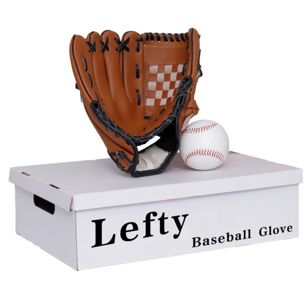 Urby Left Handed T-Ball Glove, Brown, 10.5in (Age 4-7), Leather Lining, Youth Infield Baseball Glove