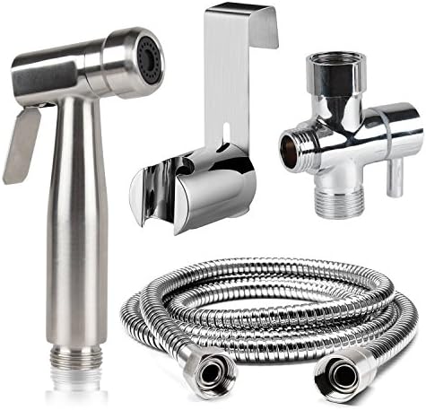 Cloth Diaper Bidet Toilet Sprayer, Adjustable Handheld 304 Stainless Steel Water Cleaner Set for Toilet Attachment with Water Pressure Control Shut-off, 55 Inch Hose and Mounting Clip Adapter