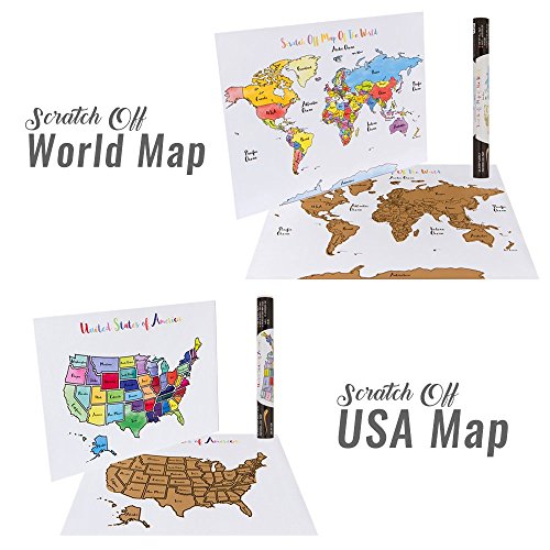 USA + World Scratch-Off Map Bundle - Includes 2 Individual Watercolor Pastel Travel Tracker Maps (United States & World) - Track Countries + US States Visited - Christmas Stocking Stuffer Gift