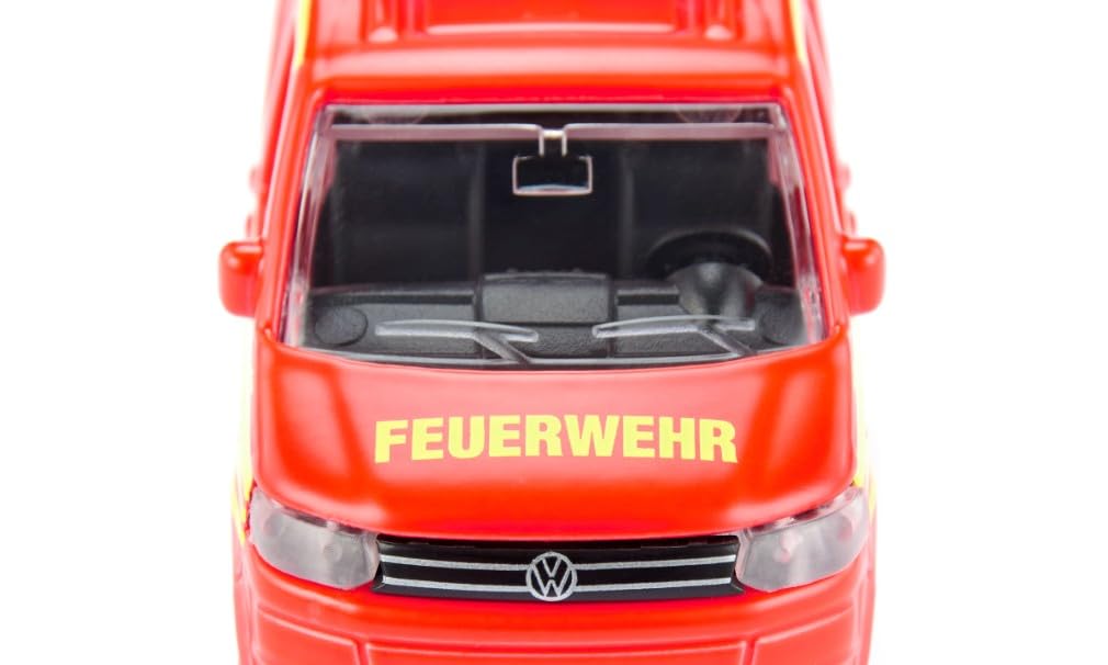 Siku 1547, VW T5 Feuerwehr Einsatzleitung, Metall/Kunststoff, Rot/Gelb, Spielzeugauto für Kinder, Heckklappe zum Öffnen, Anhängerkupplung 5