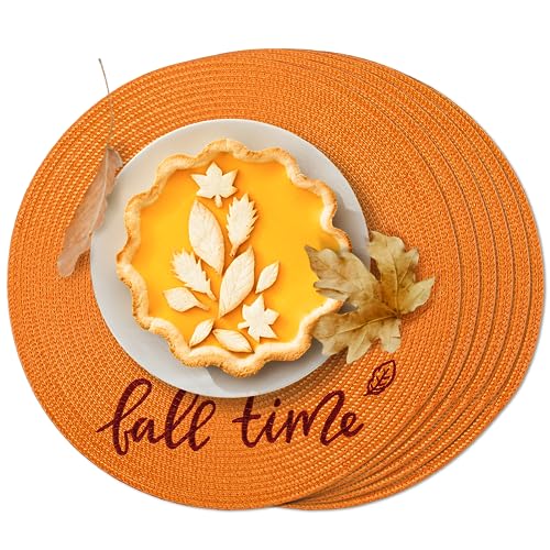 FunWheat Runde Platzsets, 6 Stück, Tischmatten für Thanksgiving-Tische, waschbar, rutschfest, 38,1 cm für den Herbst (orangefarbener Herbst, 6 Stück)