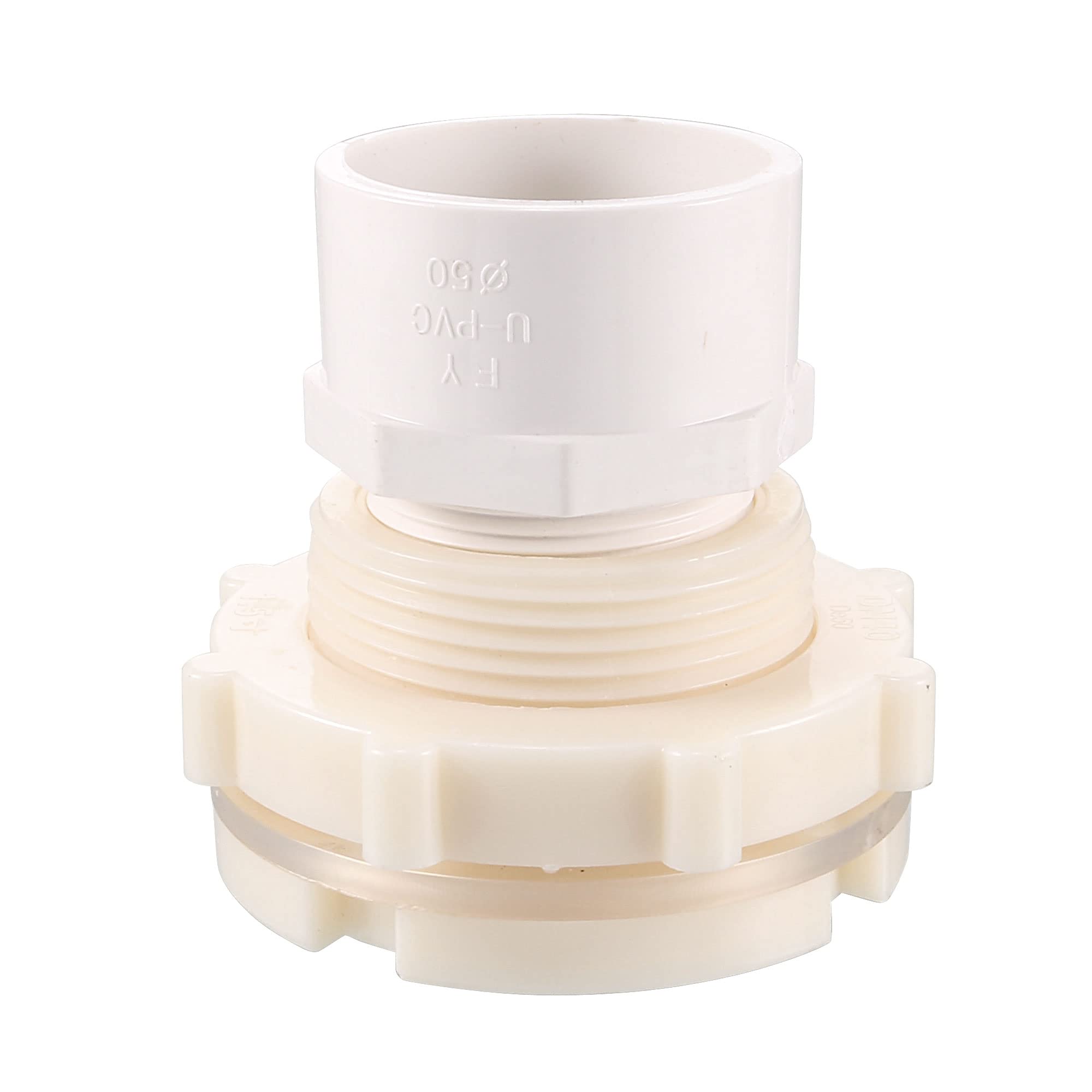 sourcing map Bulkhead Fitting, G1-1/2 Female 2.44" Male, Tube Adaptor Fitting, with Silicone Gasket and Pipe Connector, for Water Tanks, PVC, White