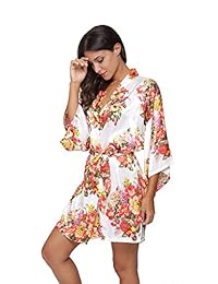 KimonoDeals Bata kimono floreada corta de satén de dama para bodas