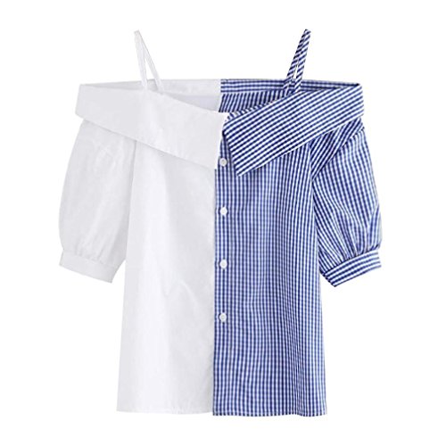 Click Here to See More Images NREALY Womens Summer Grid Cold The Shoulder Short Sleeve Tops Blouse T Shirt Vest Top