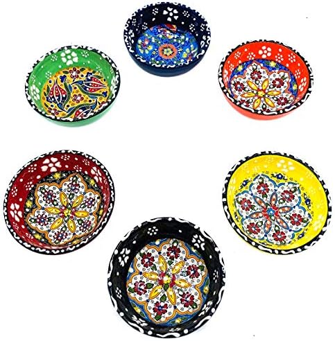 Decorative Desing Turkish Ceramic Bowl Set of 6 - Handcrafted Pinch Multicolor Finger Small Serving Bowls (Mix)