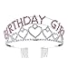 BABEYOND Crystal Rhinestone Tiara Headband Happy Birthday Girl Crown Comb Pin (Silver and Pink)