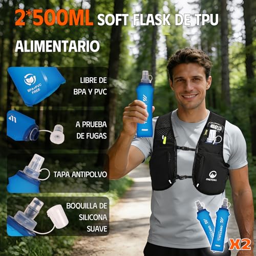 ONETOALL Men's Women's Running Vest with 2 Bottles 500 ml and Rechargeable LED Light, Hydration Trail Running Vest, Hydration Backpack Running Vest for Running, Hiking, Mountain