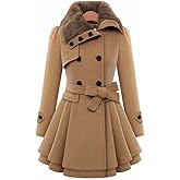 xxxiticat Women's Double Breasted Trench Coat Long Sleeve Faux Fur Lapel Flared Hem Belted Winter Warm Jacket Overcoat