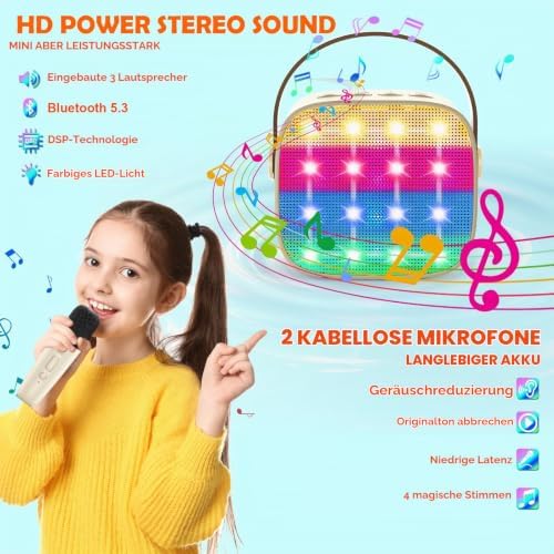 Karaoke Maschine Kinder, Mini Karaoke Maschine mit 2 Mikrofonen, Spielzeug ab 3-12 Jahre Mädchen Jungen Mikrofon Geschenke, Tragbarer Bluetooth-Lautsprecher mit Stimmeffekten & LED-Lichtern