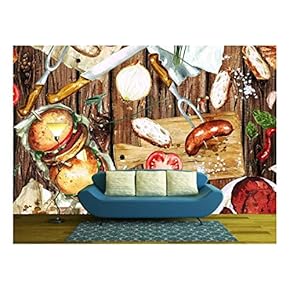 Watercolor Seamless Pattern - Grilling - Removable Wall Mural | Self-Adhesive Large Wallpaper - 66x96 inches