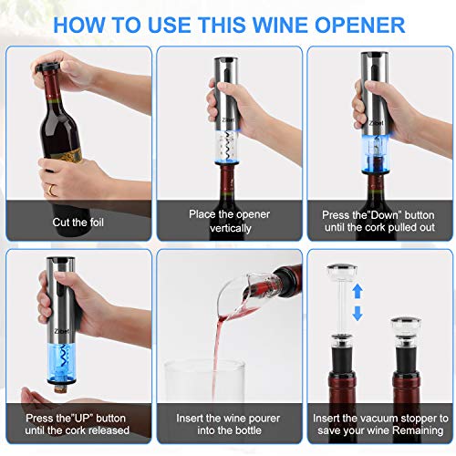 Zibet Rechargeable Electric Wine Opener,Automatic Electric Wine Bottle Opener Corkscrew with Foil Cutter,Wine Pourer and Vacuum Stopper (Stainless Steel)