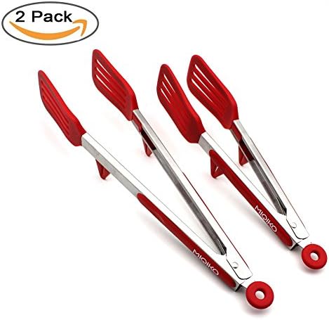 MIQIKO Tongs, Kitchen Salad BBQ Silicone Tongs Stainless Steel Locking Head Serving Tongs with Built-in Stand Non-slip for Barbecue, Grilling, Cooking ( 9+12 Inch, Red )