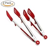 MIQIKO Tongs, Kitchen Salad BBQ Silicone Tongs Stainless Steel Locking Head Serving Tongs With Built-in Stand Non-slip For Barbecue, Grilling, Cooking ( 9+12 Inch, Red )
