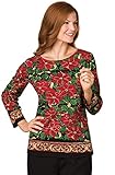 Women's Holiday Sequin Poinsettia 3/4 Sleeve Top, Hand Wash, 100% Cotton