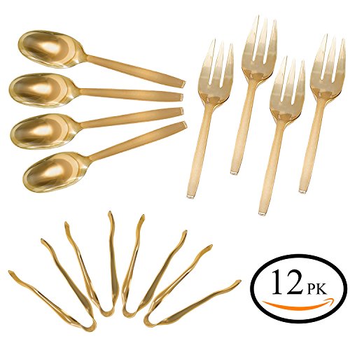 Gold Disposable Plastic Serving Utensils - Four 9 Inch Forks, Four 9 Inch Spoons and Four 6 1/2 Inch Serving Tongs