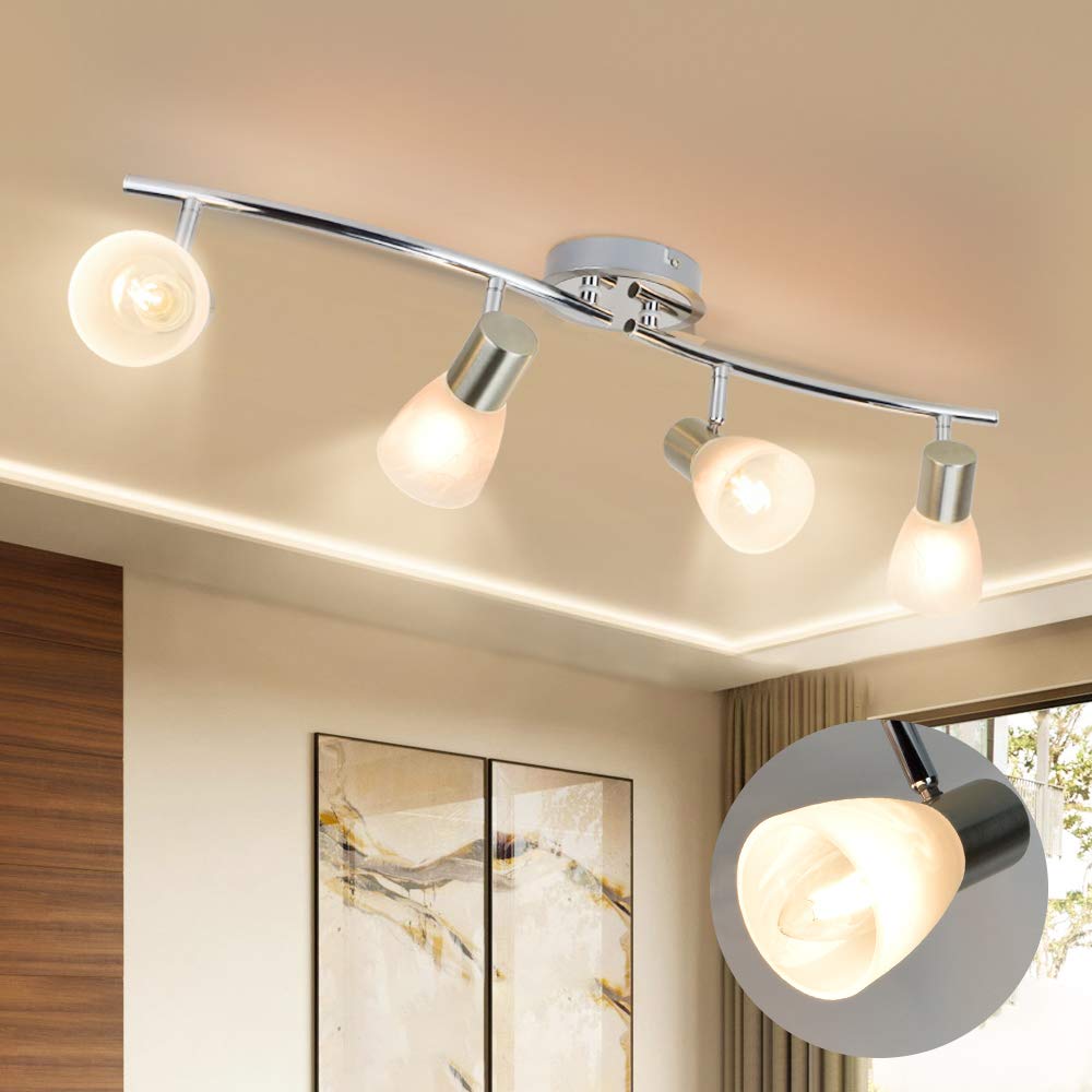 Depuley 4 Way Rotatable LED Ceiling Light, Adjustable Swiveling Spot Bar, Kitchen Ceiling Spotlight with Patterned Glass Lampshade, Ideal for Kitchen, Living Room, Bedroom, E14 Bulb Base (No Bulbs)