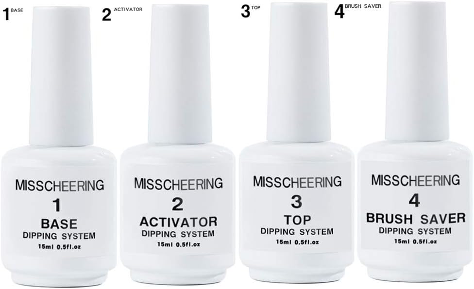 Dipping Powder System Liquid Kit, 4pcs Acrylic Dip Powder Set with Base, Activator, Top, Brush Saver, Clear Nail Art Manicure Gel Polish No UV Lamp Needed