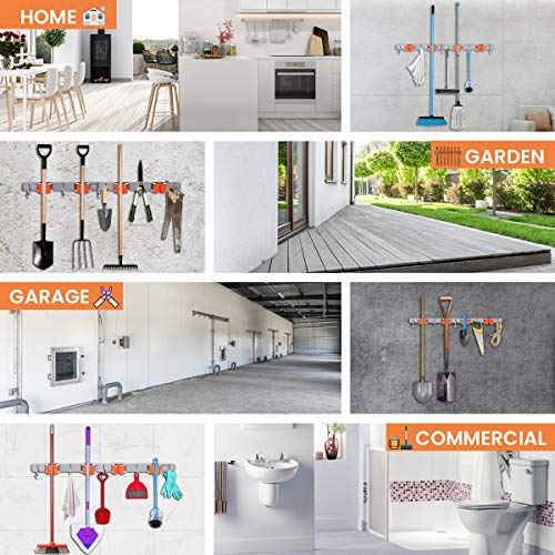 MOHOO Broom Holder Wall Mount Stainless Steel Wall Mounted Storage Organizer Heavy Duty Tools Hanger with 2 Rails 4 Racks 6 Hooks for Bathroom Kitchen Office Closet Garden