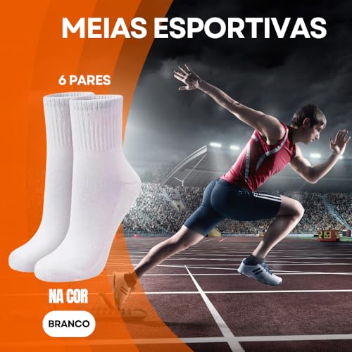 Meia Cano Médio Kit 6 Pares Meias Esportiva Branca, Punho Canelado, Adulto Unissex